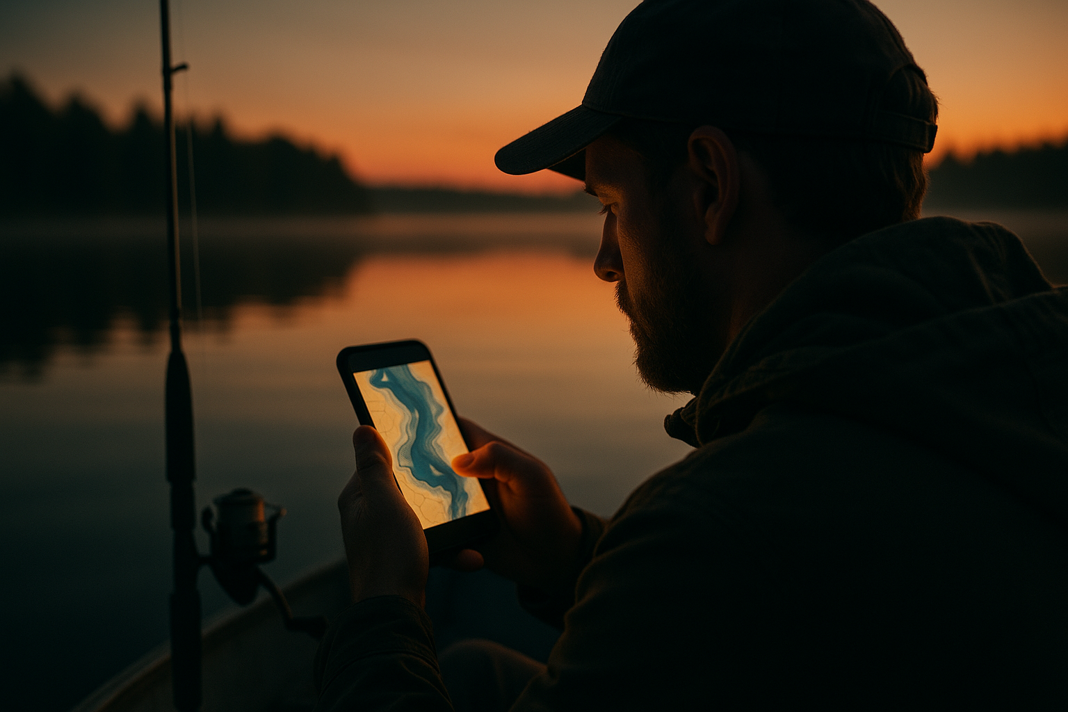 Fisherman using the SlabHaul app on his phone while on a crappie fishing boat at dawn