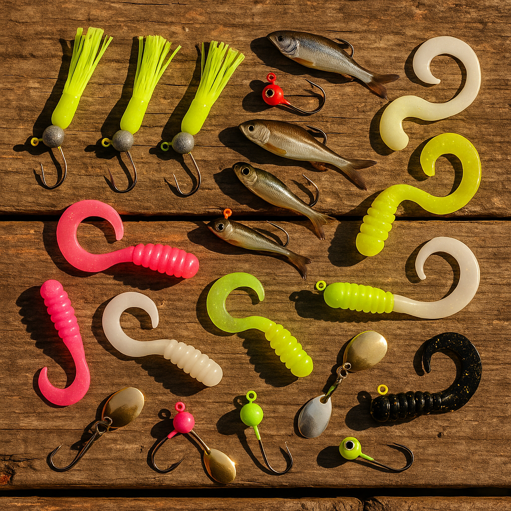 Overhead flat-lay of crappie jigs and baits arranged on weathered wood