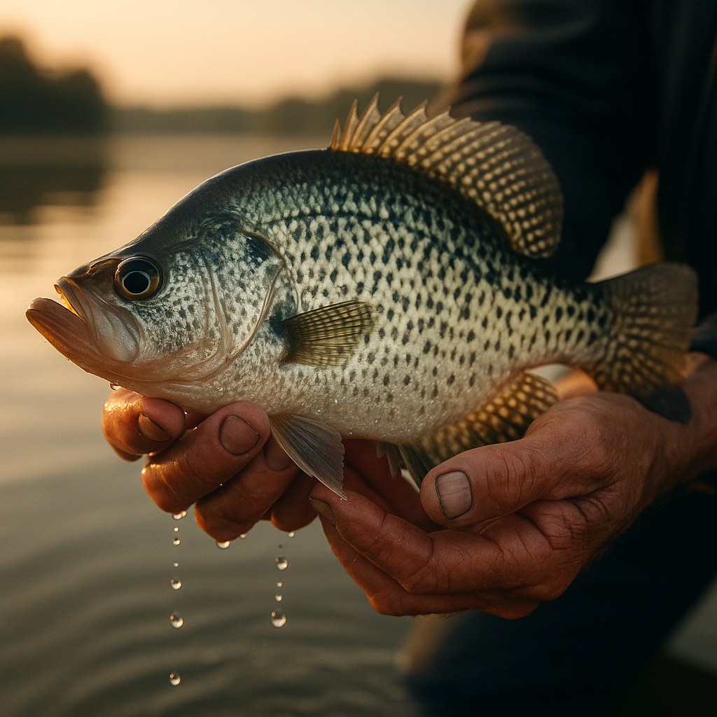 Fisherman holding a beautiful white crappie in golden morning light