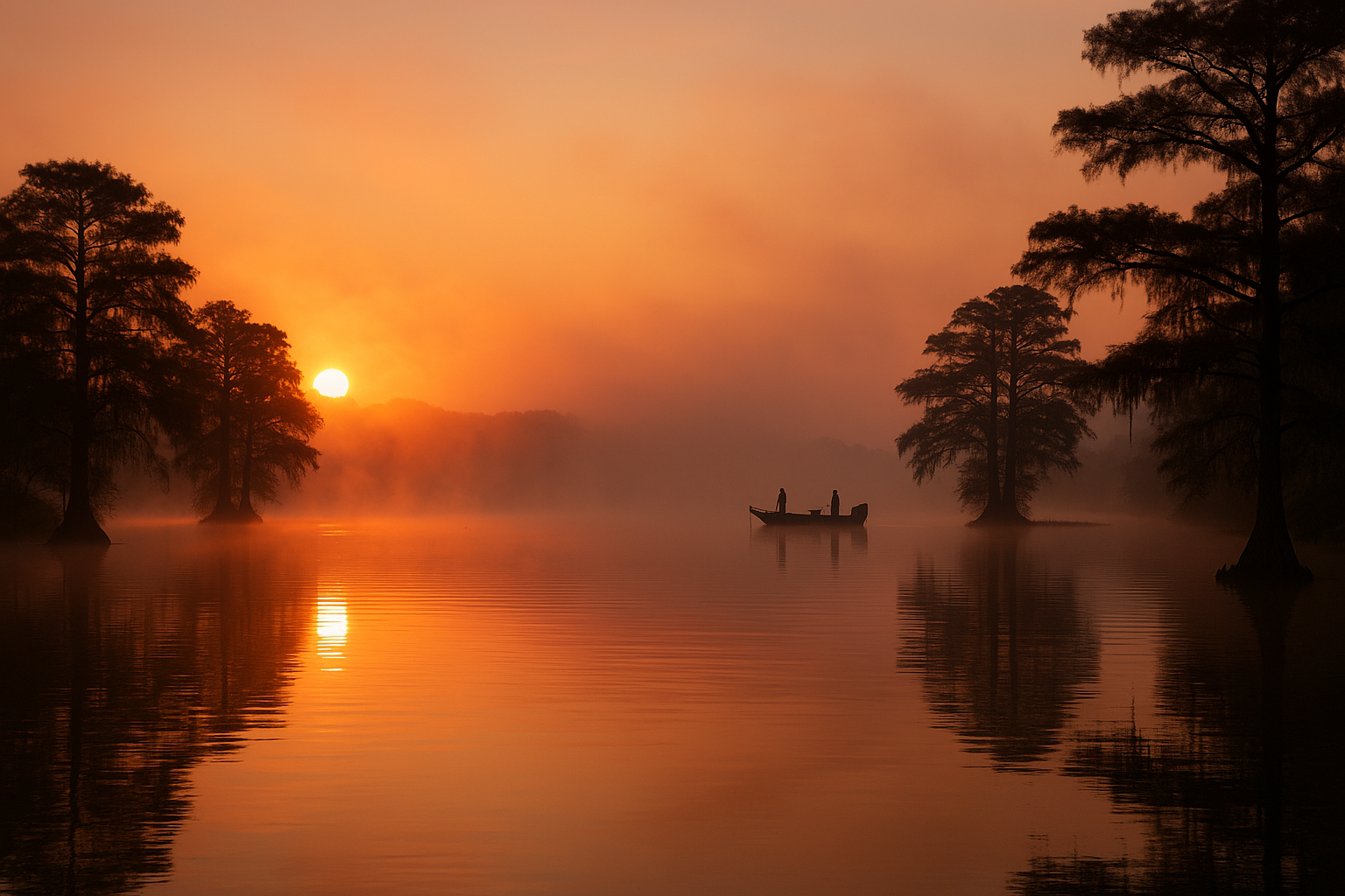Misty dawn on a Tennessee lake with crappie boat silhouetted against golden sunrise
