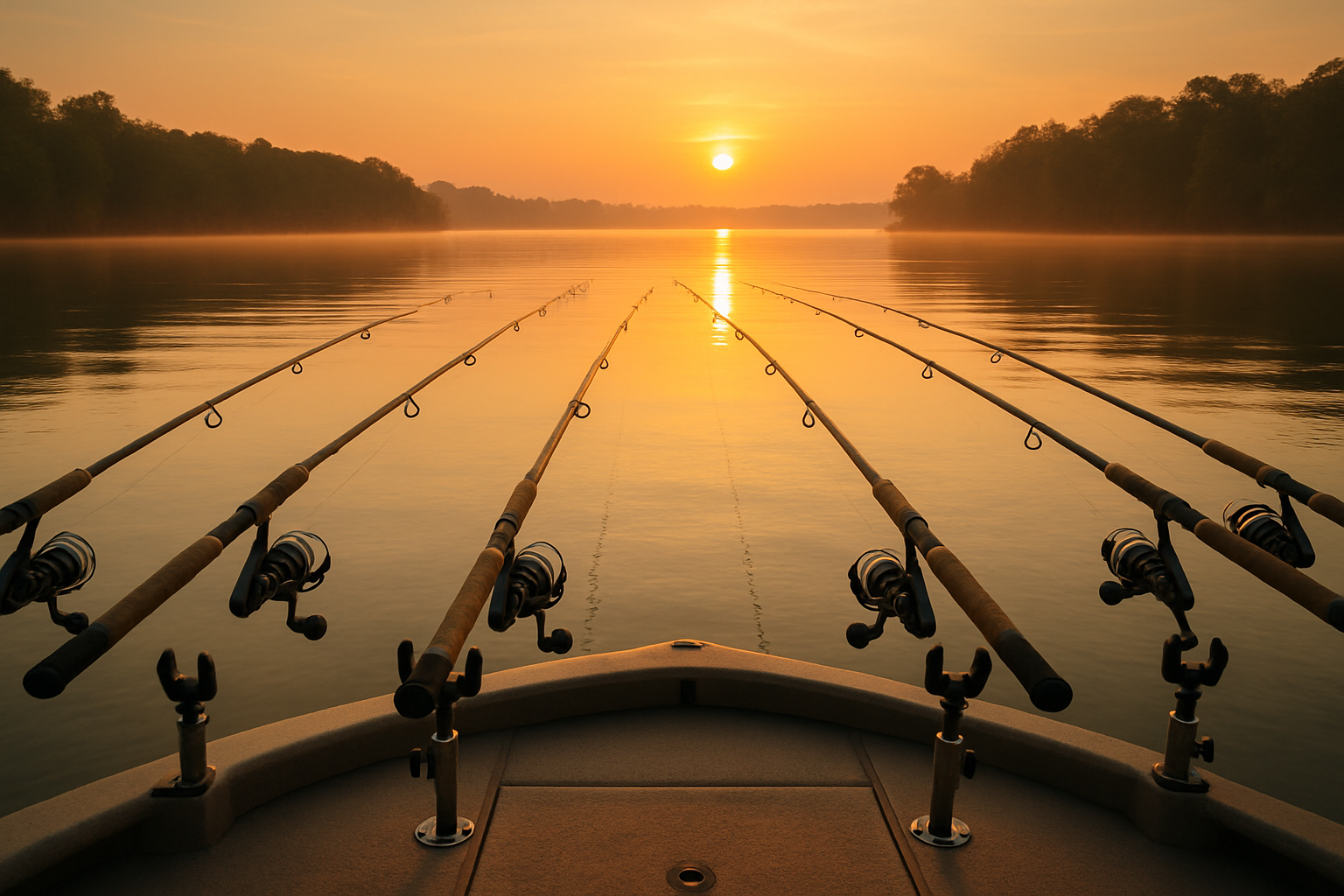 Spider rig setup on a crappie fishing boat at sunrise